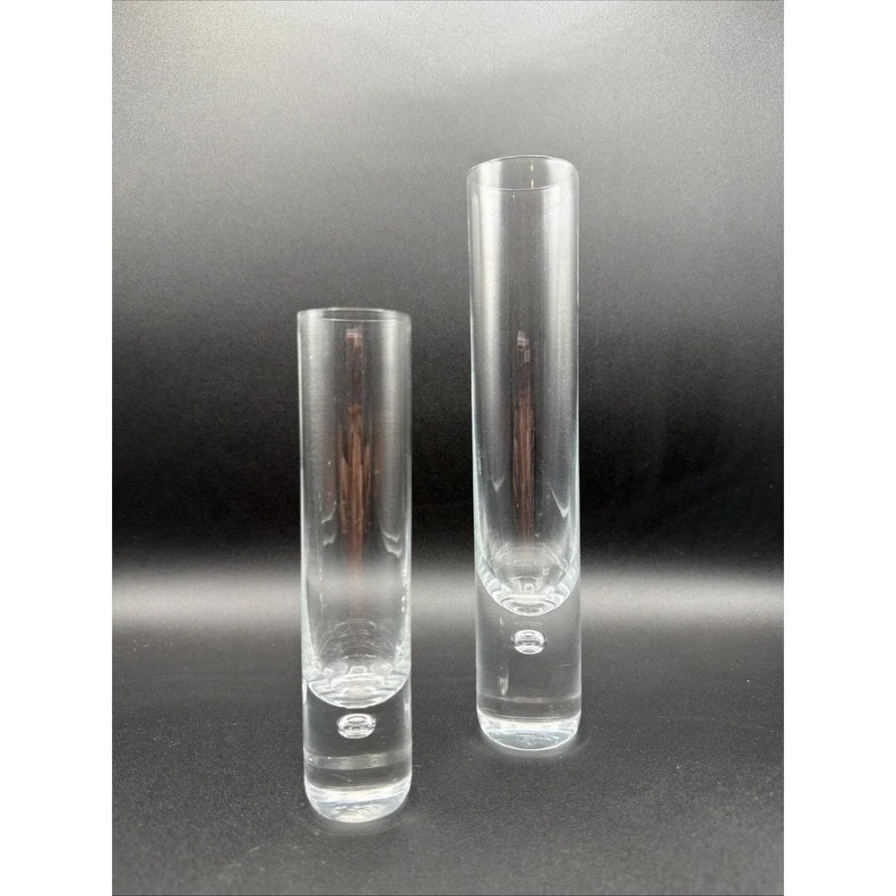 MCM Art Glass Clear Controlled Bubble Cylinder Vases 6 & 8.5 In Heavy Base